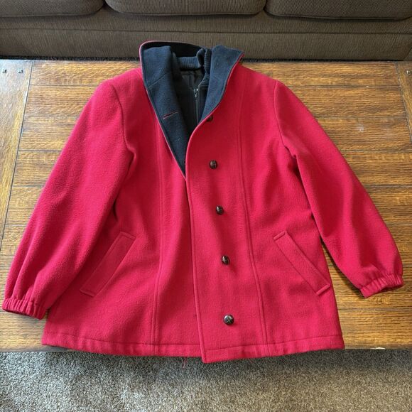 Authentic Mackintosh Vest Coat Jacket XL 18 Hood Black Red 100%‎ Wool Button Zip - Picture 1 of 8